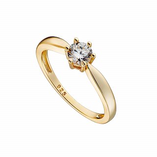 Oxzen ασημένιο δαχτυλίδι επιχρυσωμένο μονόπετρο με λευκό ζιργκόν 6mm