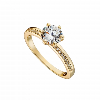 Oxzen ασημένιο δαχτυλίδι επιχρυσωμένο μονόπετρο με λευκό ζιργκόν 7mm