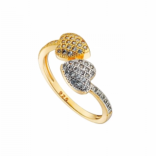 Oxzen ασημένιο δαχτυλίδι επιχρυσωμένο διπλή καρδιά