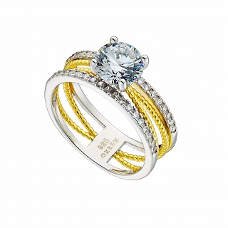 Oxzen ασημένιο δαχτυλίδι ασημόχρυσο μονόπετρο με λευκό ζιργκόν