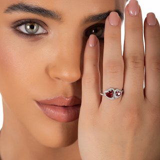 Oxzen ασημένιο δαχτυλίδι με διπλή καρδιά ζιργκόν