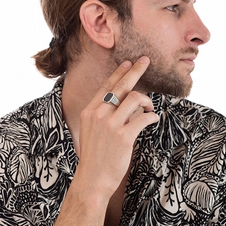 Oxzen ανδρικό δαχτυλίδι ασημένιο, με ορθογώνια πέτρα μαύρο αχάτη