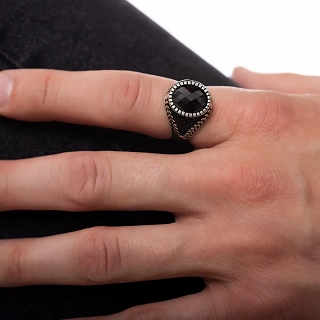 Oxzen ασημένιο δαχτυλίδι ανδρικό, με αχάτη και μαύρα ζιργκόν