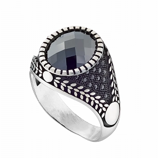 Oxzen ασημένιο δαχτυλίδι ανδρικό, με αχάτη και μαύρα ζιργκόν