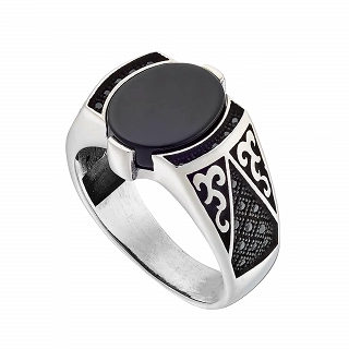 Oxzen ασημένιο ανδρικό δαχτυλίδι, με οβάλ πέτρα μαύρο αχάτη