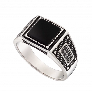 Oxzen ανδρικό δαχτυλίδι από ασήμι επιπλατινωμέμο με τετράγωνη μαύρη πέτρα αχάτη