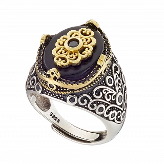 Oxzen ανδρικό δαχτυλίδι ασημένιο επιχρυσωμένο με μαύρο αχάτη free size