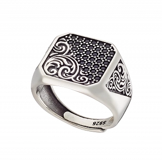 Oxzen ανδρικό δαχτυλίδι ασημένιο με μαύρα ζιργκόν free size