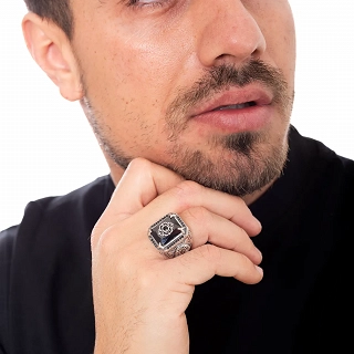 Oxzen ανδρικό δαχτυλίδι ασημένιο με μαύρο αχάτη free size