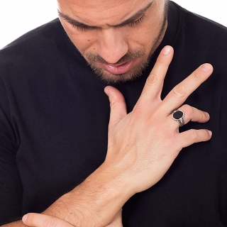 Oxzen ανδρικό δαχτυλίδι ασημένιο με μαύρο αχάτη free size