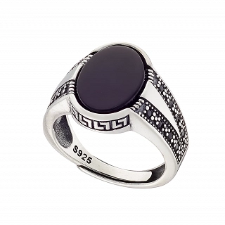 Oxzen ανδρικό δαχτυλίδι ασημένιο με μαύρο αχάτη free size