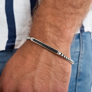 Oxzen ανδρικό βραχιόλι από ασήμι 925, ταυτότητα ματ αντικέ πλάτους 5mm με μαύρα ζιργκόν