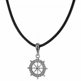 Oxzen κολιέ από ασήμι, τιμόνι πλοίου με δέρμα με ασημένια κουμπώματα