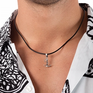 Oxzen κολιέ από ασήμι, μικρή άγκυρα με δέρμα με ασημένια κουμπώματα