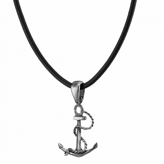 Oxzen κολιέ από ασήμι, μικρή άγκυρα με δέρμα με ασημένια κουμπώματα