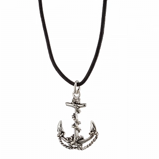 Oxzen κολιέ από ασήμι, άγκυρα με δέρμα με ασημένια κουμπώματα