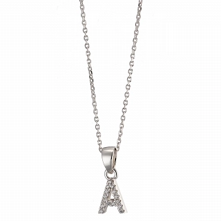 Oxzen ασημένιο κολιέ μονόγραμμα A με λευκά ζιργκόν