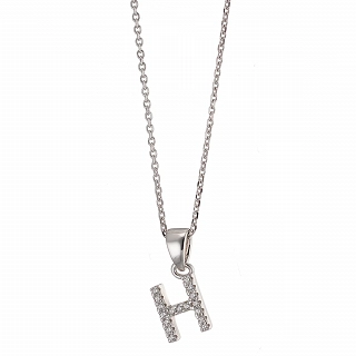 Oxzen ασημένιο κολιέ μονόγραμμα H, με λευκά ζιργκόν