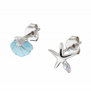 Oxzen ασημένιο σκουλαρίκι καρφωτό κοχύλι και αστερίας