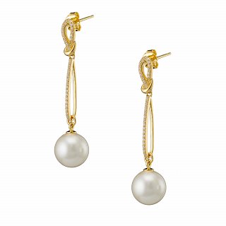 Oxzen ασημένιο σκουλαρίκι κρεμαστό με πέρλα και λευκά ζιργκόν