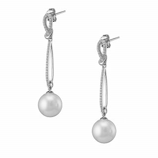 Oxzen ασημένιο σκουλαρίκι κρεμαστό με πέρλα και λευκά ζιργκόν