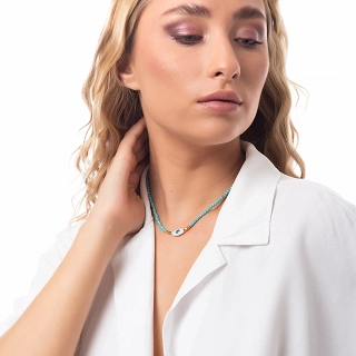 Oxzen ατσάλινο κολιέ επιχρυσωμένο με γαλάζιο ματάκι