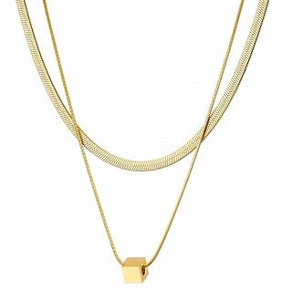 Oxzen ατσάλινο κολιέ διπλό με αλυσίδα snake και κύβο