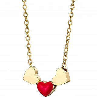Oxzen ατσάλινο κολιέ επιχρυσωμένο με τριπλή χρυσή και κόκκινη καρδιά