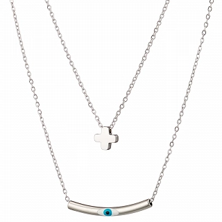 Oxzen ατσάλινο κολιέ διπλό με ματάκι και σταυρό σε ιδιαίτερο σχήμα