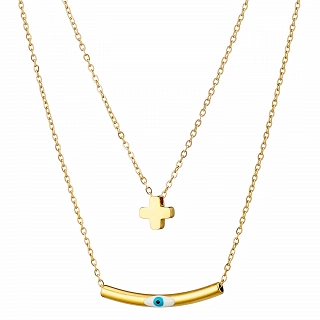 Oxzen ατσάλινο κολιέ διπλό με ματάκι και σταυρό σε ιδιαίτερο σχήμα