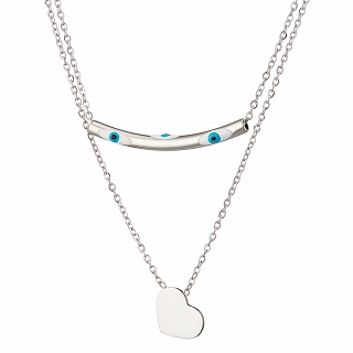 Oxzen ατσάλινο κολιέ διπλό με ματάκι και καρδιά σε ιδιαίτερο σχήμα