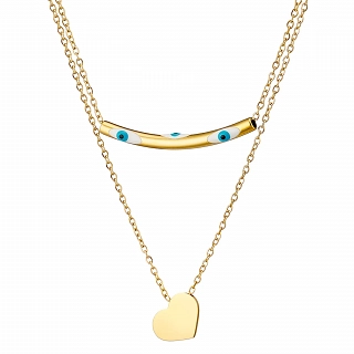 Oxzen ατσάλινο κολιέ διπλό με ματάκι και καρδιά σε ιδιαίτερο σχήμα