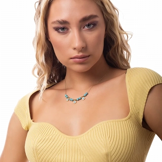 Oxzen ατσάλινο κολιέ επιχρυσωμένο με ματάκια και τιρκουάζ πέτρες