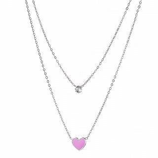 Oxzen γυναικείο κολιέ από ανοξείδωτο ατσάλι διπλό με ροζ καρδιά και λευκό ζιργκόν