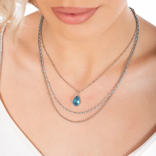 Oxzen γυναικείο κολιέ από ανοξείδωτο ατσάλι τριπλό με γαλάζιες πέτρες