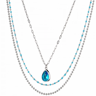 Oxzen γυναικείο κολιέ από ανοξείδωτο ατσάλι τριπλό με γαλάζιες πέτρες