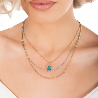 Oxzen γυναικείο κολιέ από ανοξείδωτο ατσάλι τριπλό με γαλάζιες πέτρες