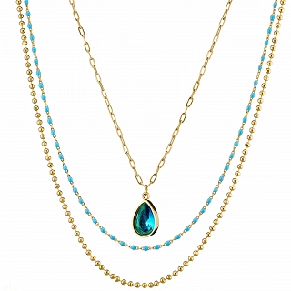 Oxzen γυναικείο κολιέ από ανοξείδωτο ατσάλι τριπλό με γαλάζιες πέτρες