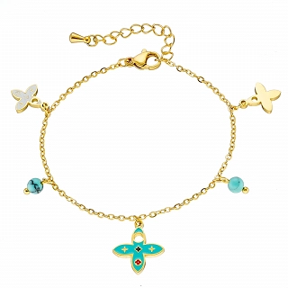 Oxzen ατσάλινο βραχιόλι επιχρυσωμένο με πολύχρωμα κρεμαστά στοιχεία