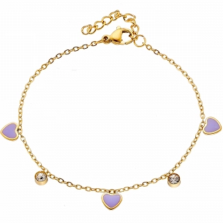 Oxzen γυναικείο βραχιόλι ατσάλινο με κρεμαστές μωβ καρδούλες