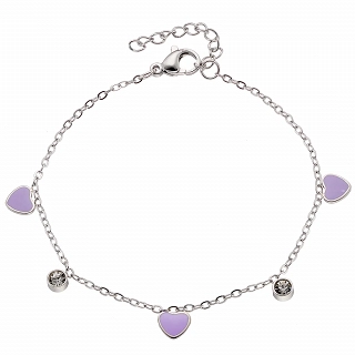 Oxzen γυναικείο βραχιόλι ατσάλινο με κρεμαστές μωβ καρδούλες