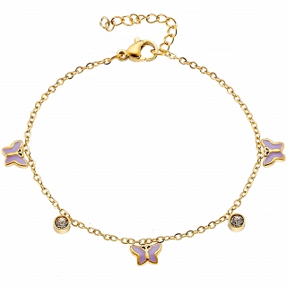 Oxzen γυναικείο βραχιόλι ατσάλινο με κρεμαστές μωβ πεταλούδες