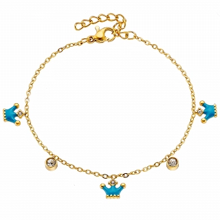 Oxzen γυναικείο βραχιόλι ατσάλινο με κρεμαστές γαλάζιες κορώνες