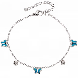Oxzen γυναικείο βραχιόλι ατσάλινο με κρεμαστές γαλάζιες πεταλούδες