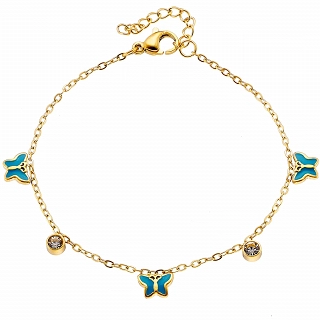 Oxzen γυναικείο βραχιόλι ατσάλινο με κρεμαστές γαλάζιες πεταλούδες