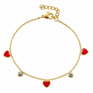Oxzen γυναικείο βραχιόλι ατσάλινο με κρεμαστές κόκκινες καρδούλες