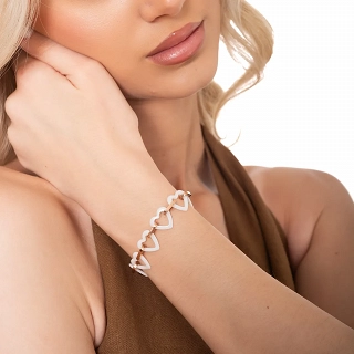 Oxzen βραχιόλι ατσάλινο με λευκές κεραμικές καρδιές