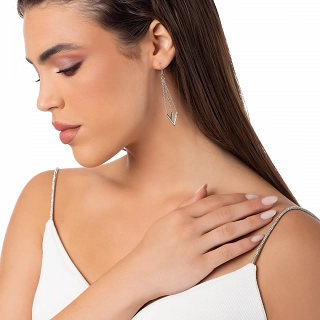 Oxzen σκουλαρίκια κρεμαστά ατσάλινα διπλά μακριά με λευκά κρύσταλλα