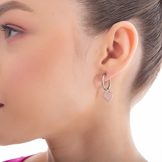 Oxzen γυναικείο σκουλαρίκι ατσάλινο με κρεμαστή ροζ καρδούλα