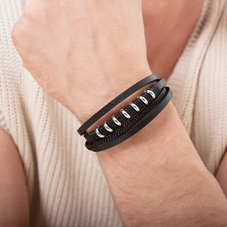Oxzen ανδρικό βραχιόλι με δέρμα μαύρο και ανοξείδωτο ατσάλι